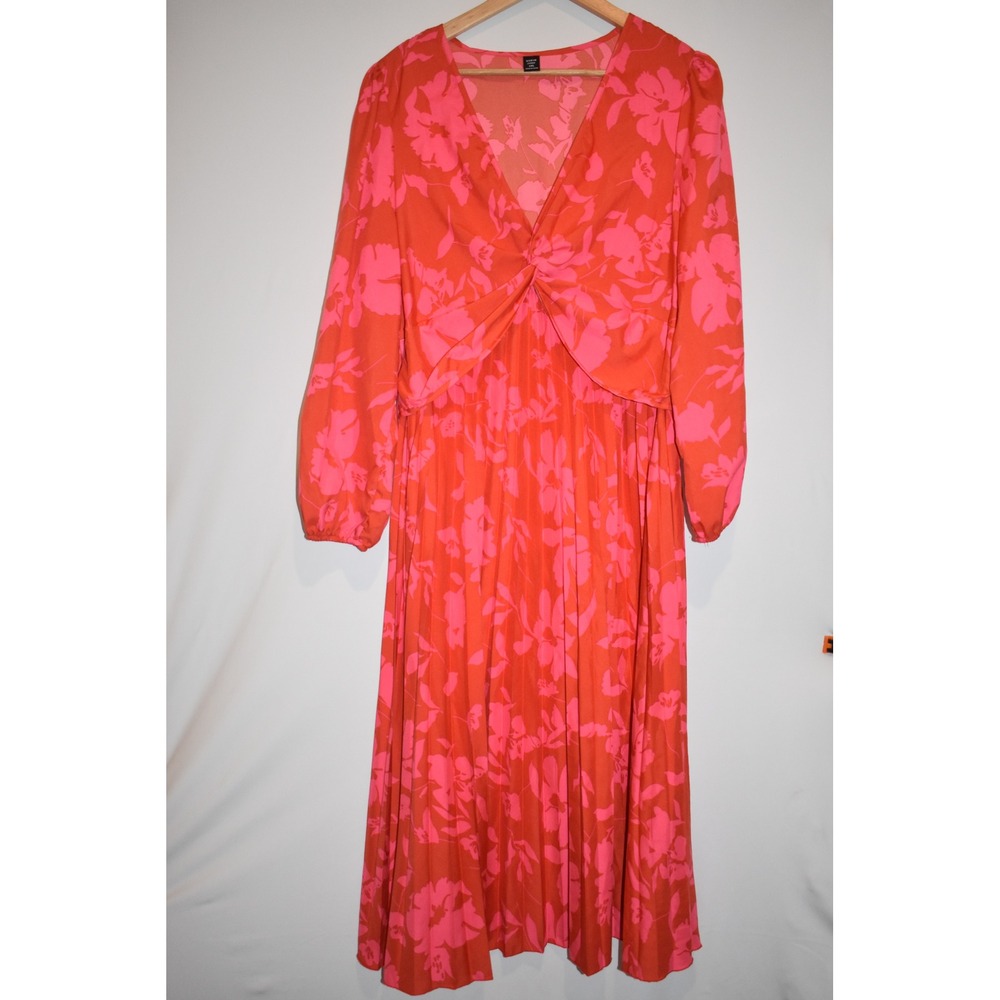 Shein Curve Red Long Sleeve Dress 1XL Pink‎ Flower Pattern, Polyester